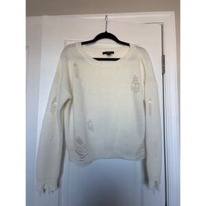 Forever 21 Distressed Ripped Knit Sweater Cream Off White Size L